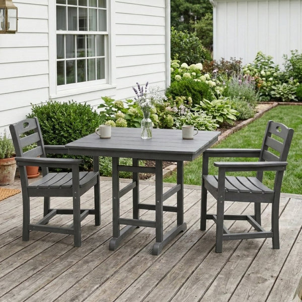 English Elm Gray HDPE 3 Piece Outdoor Dining Set with Umbrella Ready Square Table and Slatted Armchairs W3566S00042