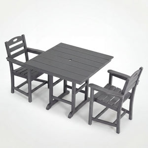 English Elm Gray HDPE 3 Piece Outdoor Dining Set with Umbrella Ready Square Table and Slatted Armchairs W3566S00042