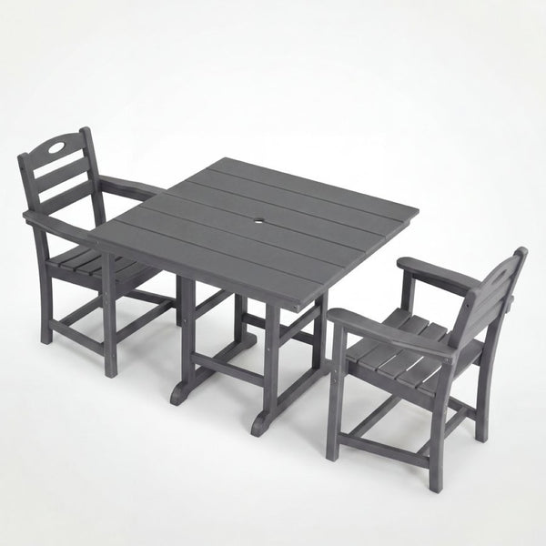 English Elm Gray HDPE 3 Piece Outdoor Dining Set with Umbrella Ready Square Table and Slatted Armchairs W3566S00042