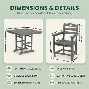 English Elm Gray HDPE 3 Piece Outdoor Dining Set with Umbrella Ready Square Table and Slatted Armchairs W3566S00042
