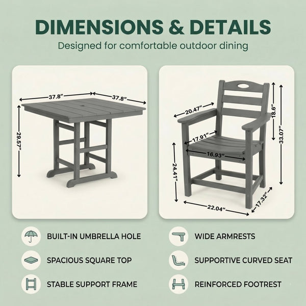 English Elm Gray HDPE 3 Piece Outdoor Dining Set with Umbrella Ready Square Table and Slatted Armchairs W3566S00042