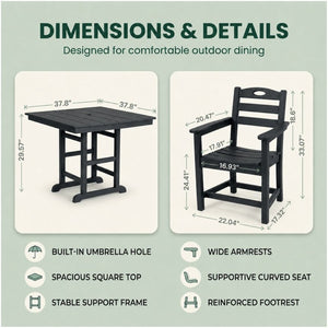 English Elm Black HDPE Square Patio Dining Set for Two with Weather Resistant Armchairs Outdoor W3566S00044