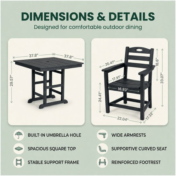 English Elm Black HDPE Square Patio Dining Set for Two with Weather Resistant Armchairs Outdoor W3566S00044