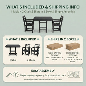 English Elm Black HDPE Square Patio Dining Set for Two with Weather Resistant Armchairs Outdoor W3566S00044