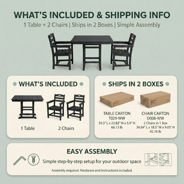 English Elm Black HDPE Square Patio Dining Set for Two with Weather Resistant Armchairs Outdoor W3566S00044