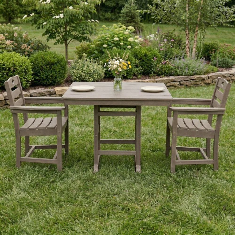 English Elm Antique Wood Grain Hdpe Outdoor 3 Piece Dining Set Square Table Two Armchairs W3566S00045