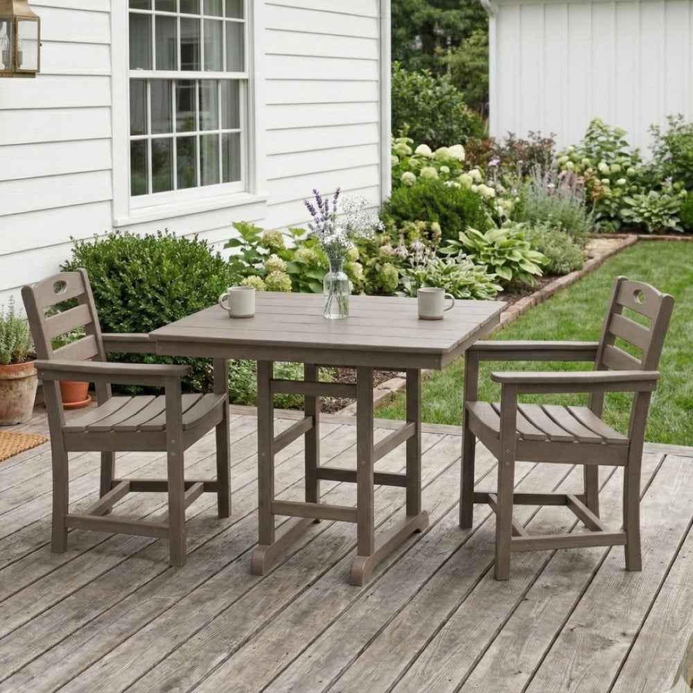 English Elm Antique Wood Grain Hdpe Outdoor 3 Piece Dining Set Square Table Two Armchairs W3566S00045