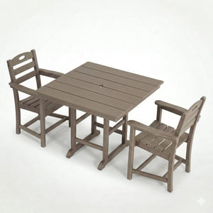 English Elm Antique Wood Grain Hdpe Outdoor 3 Piece Dining Set Square Table Two Armchairs W3566S00045