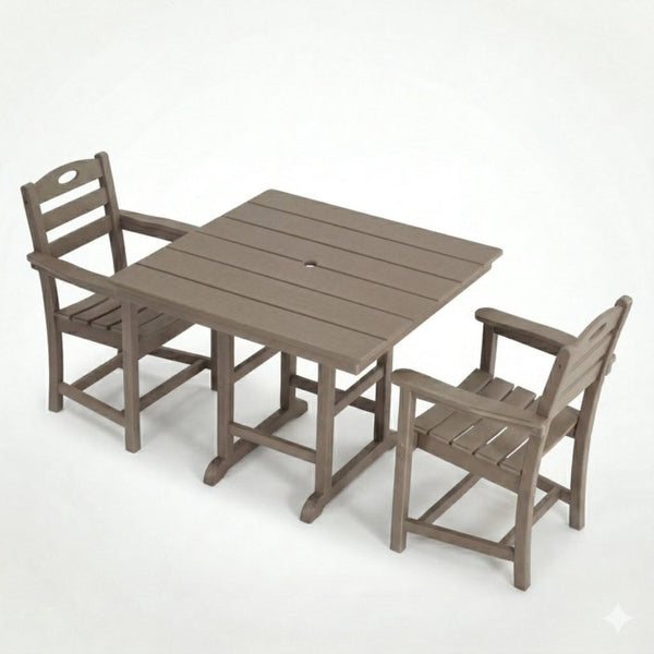 English Elm Antique Wood Grain Hdpe Outdoor 3 Piece Dining Set Square Table Two Armchairs W3566S00045