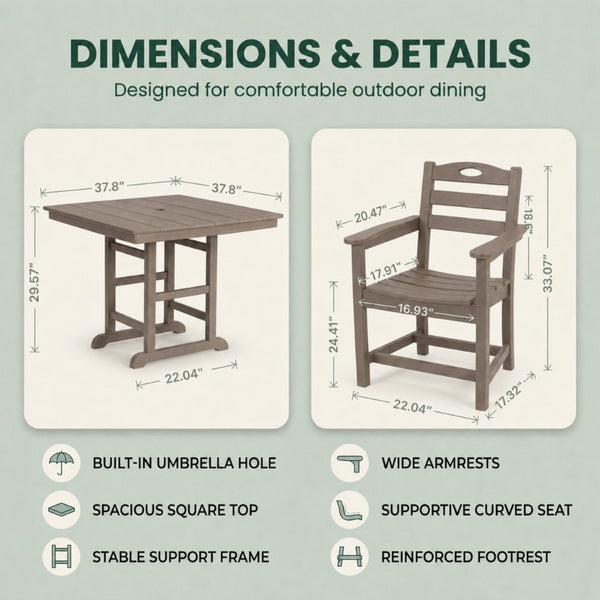 English Elm Antique Wood Grain Hdpe Outdoor 3 Piece Dining Set Square Table Two Armchairs W3566S00045