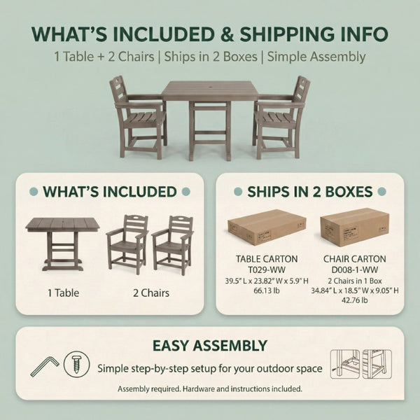 English Elm Antique Wood Grain Hdpe Outdoor 3 Piece Dining Set Square Table Two Armchairs W3566S00045