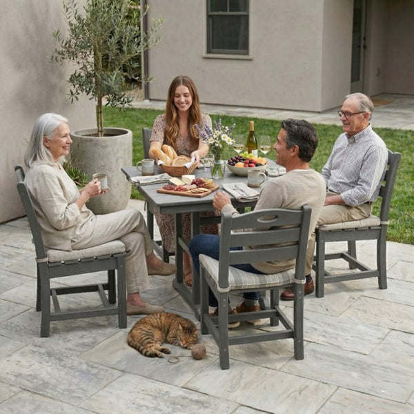 English Elm Gray HDPE Square Patio Dining Set Seats Four with UV Resistant Chairs Umbrella Ready W3566S00046