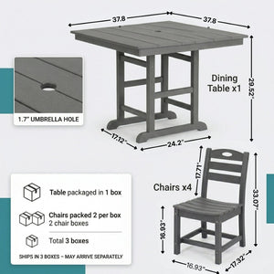 English Elm Gray HDPE Square Patio Dining Set Seats Four with UV Resistant Chairs Umbrella Ready W3566S00046