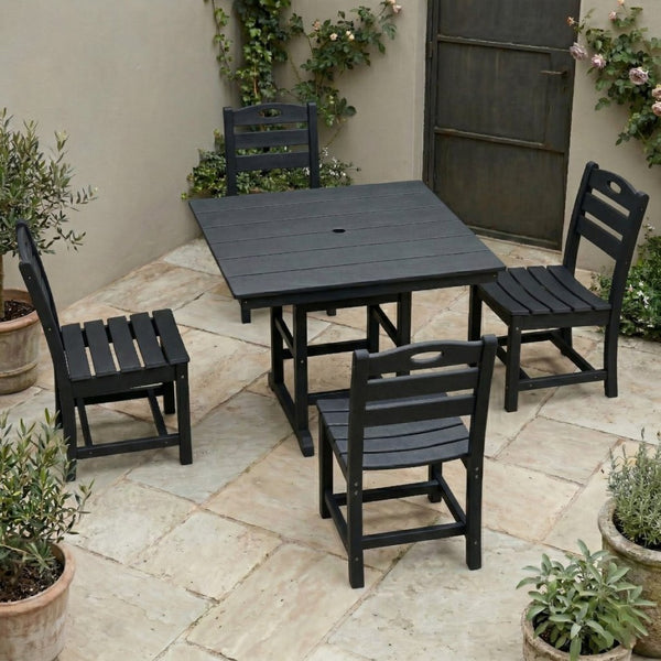 English Elm Black HDPE Square Patio Dining Set Seats Four with Umbrella Hole All Weather W3566S00047