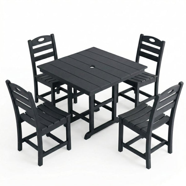 English Elm Black HDPE Square Patio Dining Set Seats Four with Umbrella Hole All Weather W3566S00047