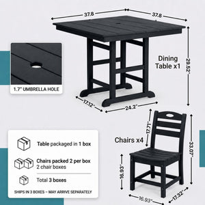 English Elm Black HDPE Square Patio Dining Set Seats Four with Umbrella Hole All Weather W3566S00047