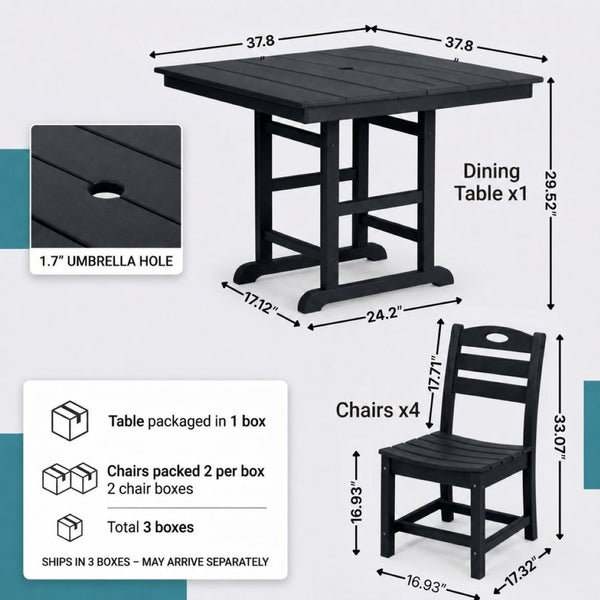English Elm Black HDPE Square Patio Dining Set Seats Four with Umbrella Hole All Weather W3566S00047