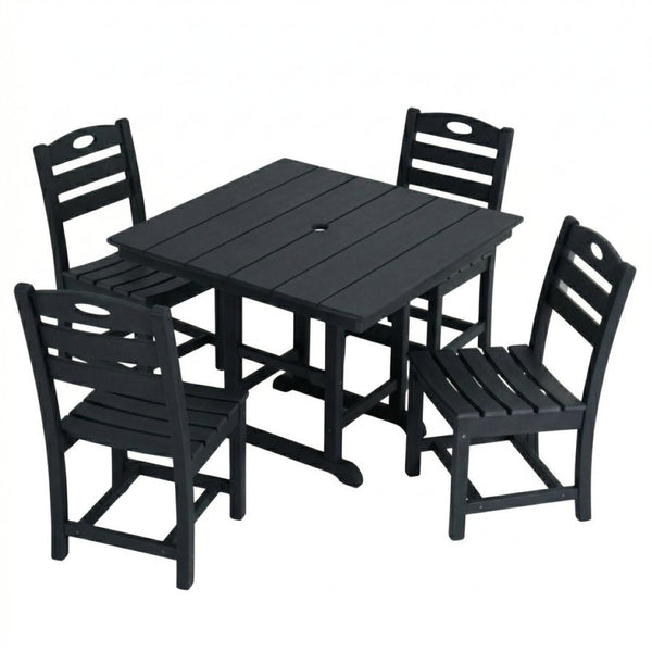 English Elm Black HDPE Square Patio Dining Set Seats Four with Umbrella Hole All Weather W3566S00047