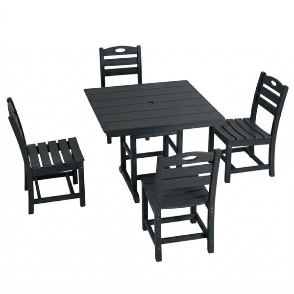 English Elm Black HDPE Square Patio Dining Set Seats Four with Umbrella Hole All Weather W3566S00047