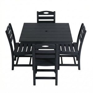 English Elm Black HDPE Square Patio Dining Set Seats Four with Umbrella Hole All Weather W3566S00047
