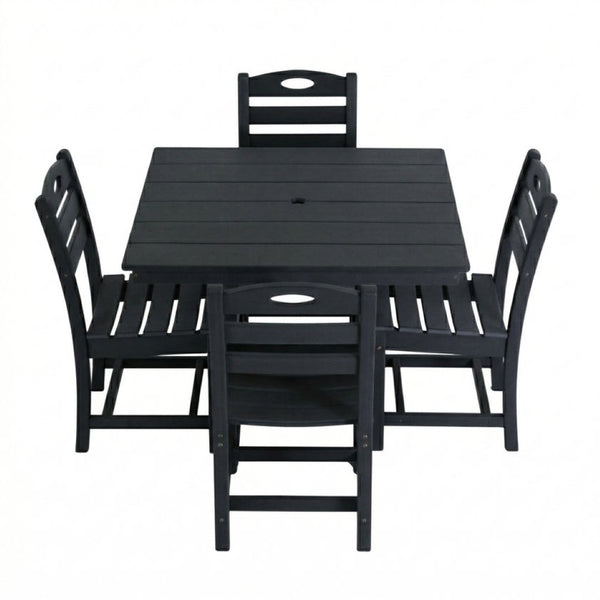 English Elm Black HDPE Square Patio Dining Set Seats Four with Umbrella Hole All Weather W3566S00047