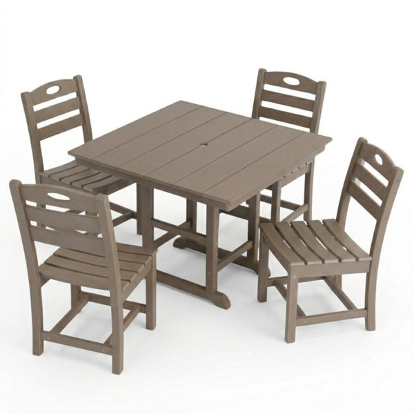 English Elm Antique Wood Tone Hdpe 5 Piece Outdoor Dining Set Square Table Four Chairs Uv Resistant W3566S00048