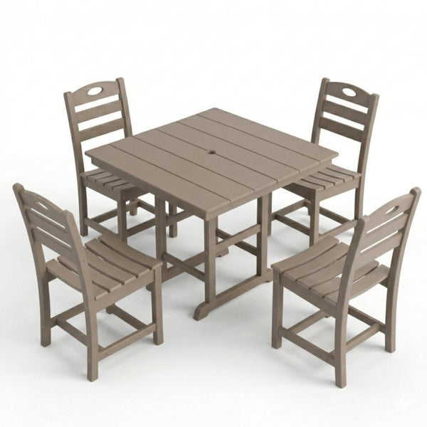 English Elm Antique Wood Tone Hdpe 5 Piece Outdoor Dining Set Square Table Four Chairs Uv Resistant W3566S00048
