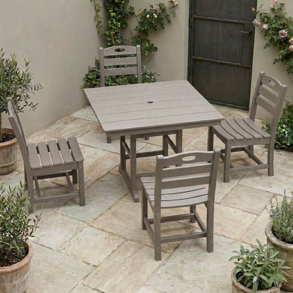 English Elm Antique Wood Tone Hdpe 5 Piece Outdoor Dining Set Square Table Four Chairs Uv Resistant W3566S00048