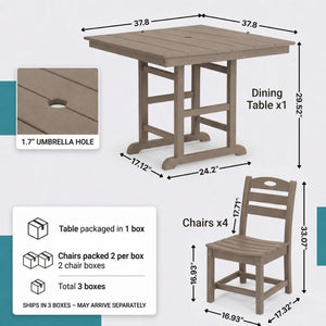 English Elm Antique Wood Tone Hdpe 5 Piece Outdoor Dining Set Square Table Four Chairs Uv Resistant W3566S00048