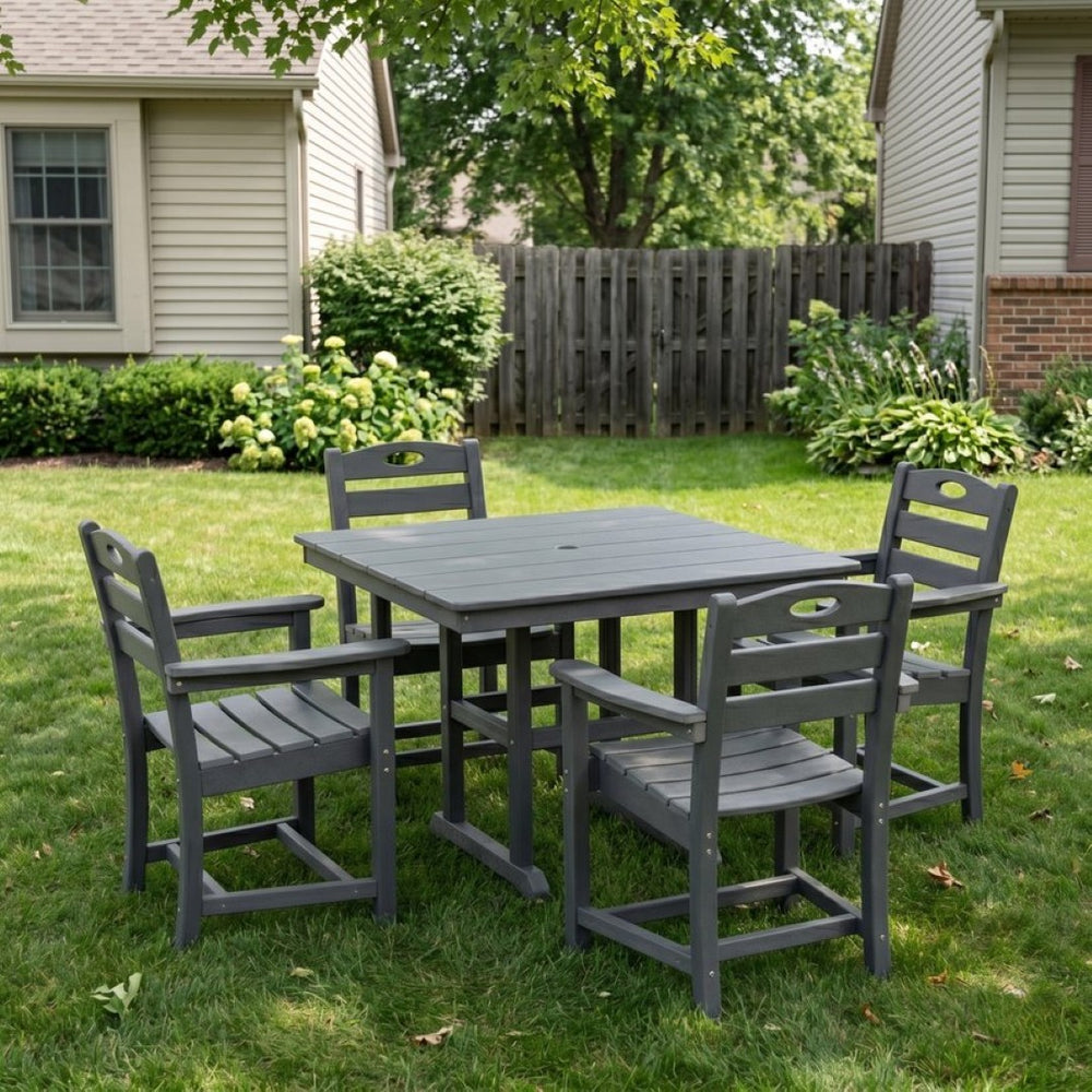 English Elm Gray HDPE Square Outdoor Dining Set with Slatted Table Umbrella Hole and Four Armchairs W3566S00050