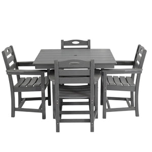 English Elm Gray HDPE Square Outdoor Dining Set with Slatted Table Umbrella Hole and Four Armchairs W3566S00050