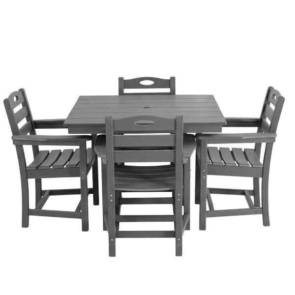 English Elm Gray HDPE Square Outdoor Dining Set with Slatted Table Umbrella Hole and Four Armchairs W3566S00050