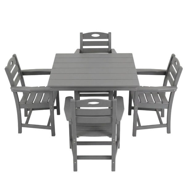 English Elm Gray HDPE Square Outdoor Dining Set with Slatted Table Umbrella Hole and Four Armchairs W3566S00050