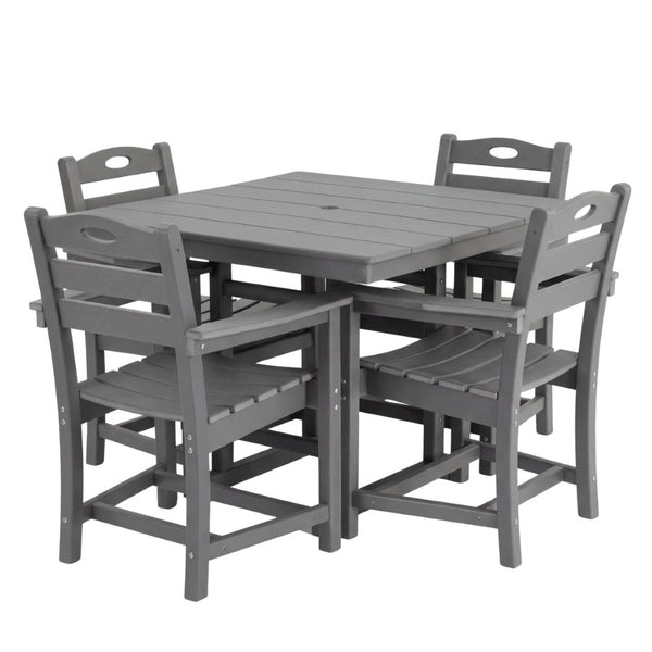 English Elm Gray HDPE Square Outdoor Dining Set with Slatted Table Umbrella Hole and Four Armchairs W3566S00050