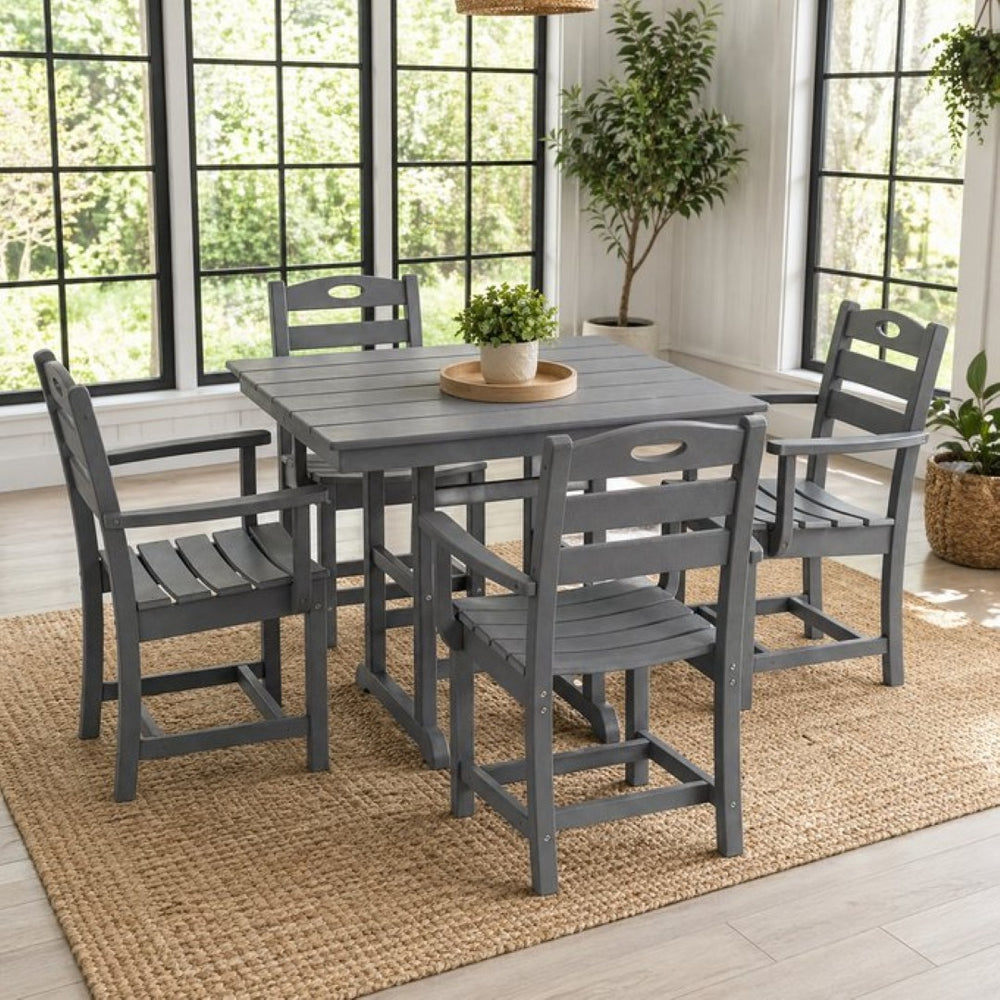 English Elm Gray HDPE Square Outdoor Dining Set with Slatted Table Umbrella Hole and Four Armchairs W3566S00050