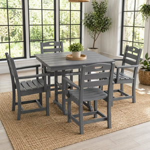 English Elm Gray HDPE Square Outdoor Dining Set with Slatted Table Umbrella Hole and Four Armchairs W3566S00050