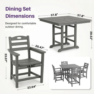 English Elm Gray HDPE Square Outdoor Dining Set with Slatted Table Umbrella Hole and Four Armchairs W3566S00050