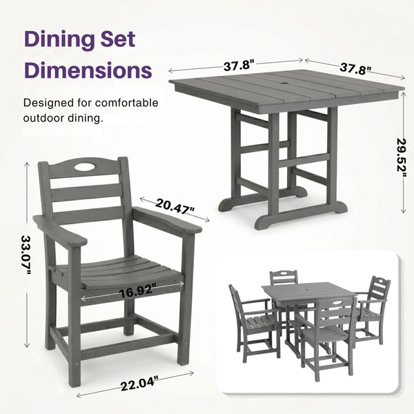 English Elm Gray HDPE Square Outdoor Dining Set with Slatted Table Umbrella Hole and Four Armchairs W3566S00050