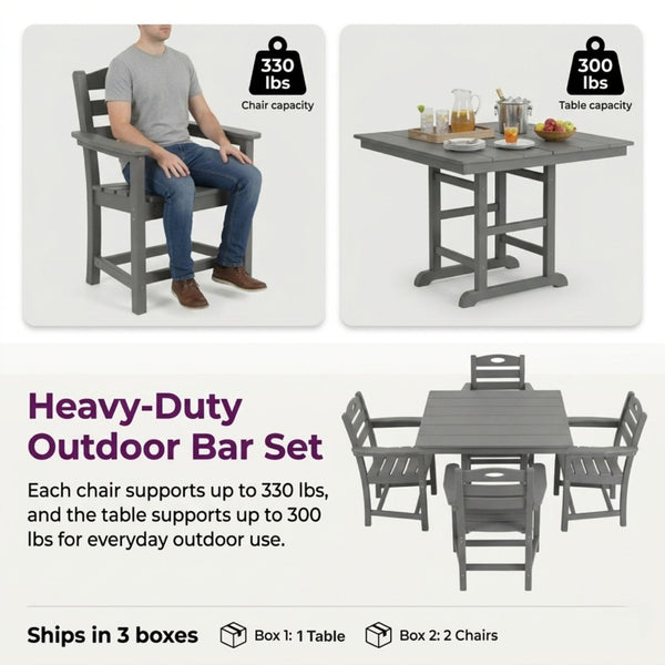 English Elm Gray HDPE Square Outdoor Dining Set with Slatted Table Umbrella Hole and Four Armchairs W3566S00050