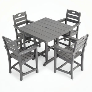 English Elm Gray HDPE Square Outdoor Dining Set with Slatted Table Umbrella Hole and Four Armchairs W3566S00050