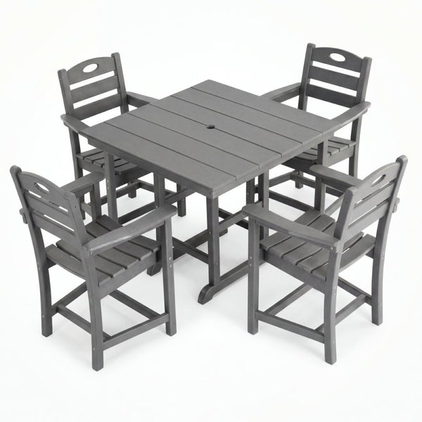 English Elm Gray HDPE Square Outdoor Dining Set with Slatted Table Umbrella Hole and Four Armchairs W3566S00050