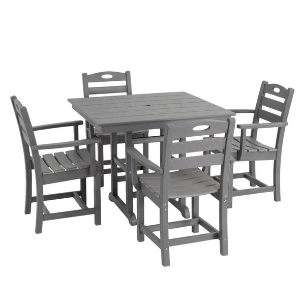 English Elm Gray HDPE Square Outdoor Dining Set with Slatted Table Umbrella Hole and Four Armchairs W3566S00050