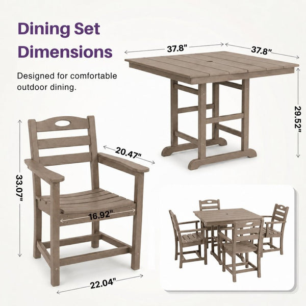 English Elm Weathered Wood Hdpe Outdoor 5 Piece Patio Dining Set with Umbrella Ready Square Table W3566S00052