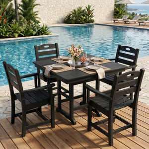 English Elm Black HDPE Five Piece Outdoor Patio Dining Set Square Table with Umbrella Hole W3566S00053