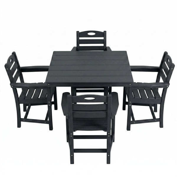 English Elm Black HDPE Five Piece Outdoor Patio Dining Set Square Table with Umbrella Hole W3566S00053