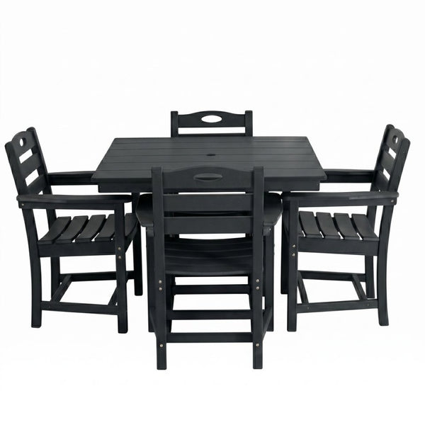 English Elm Black HDPE Five Piece Outdoor Patio Dining Set Square Table with Umbrella Hole W3566S00053