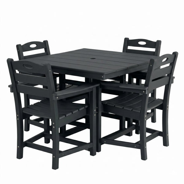 English Elm Black HDPE Five Piece Outdoor Patio Dining Set Square Table with Umbrella Hole W3566S00053