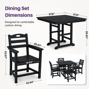 English Elm Black HDPE Five Piece Outdoor Patio Dining Set Square Table with Umbrella Hole W3566S00053