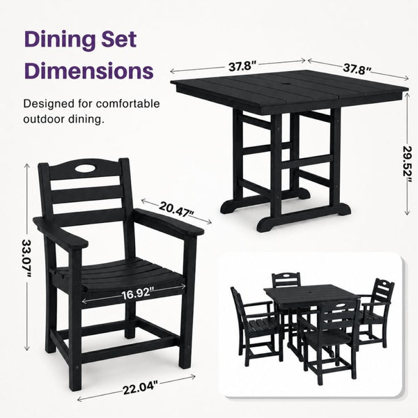 English Elm Black HDPE Five Piece Outdoor Patio Dining Set Square Table with Umbrella Hole W3566S00053