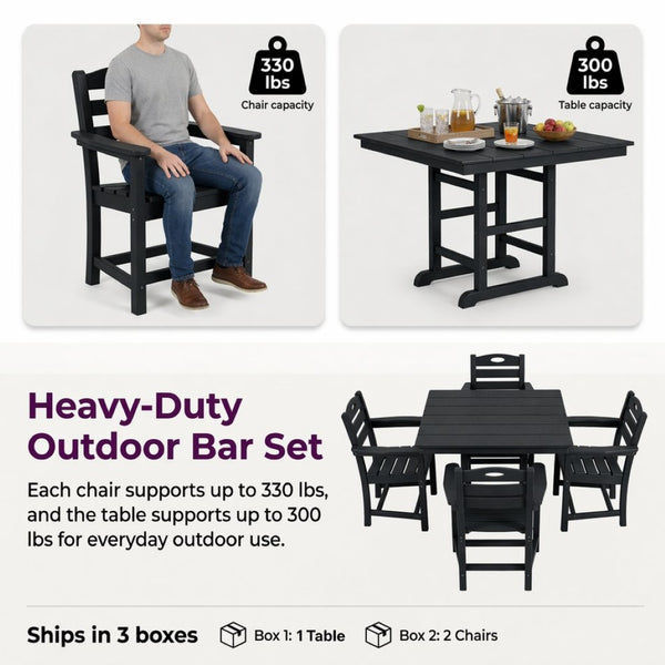 English Elm Black HDPE Five Piece Outdoor Patio Dining Set Square Table with Umbrella Hole W3566S00053